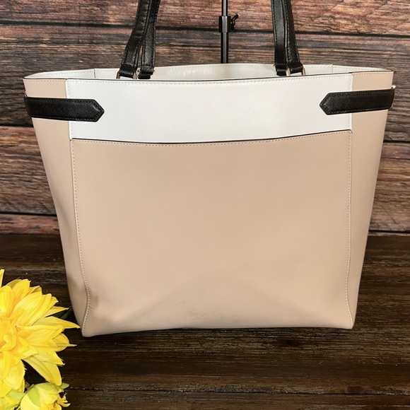 Kate Spade Staci Bag Purse Leather Laptop Tote in Tan, White & Black Color Block - Picture 4 of 11
